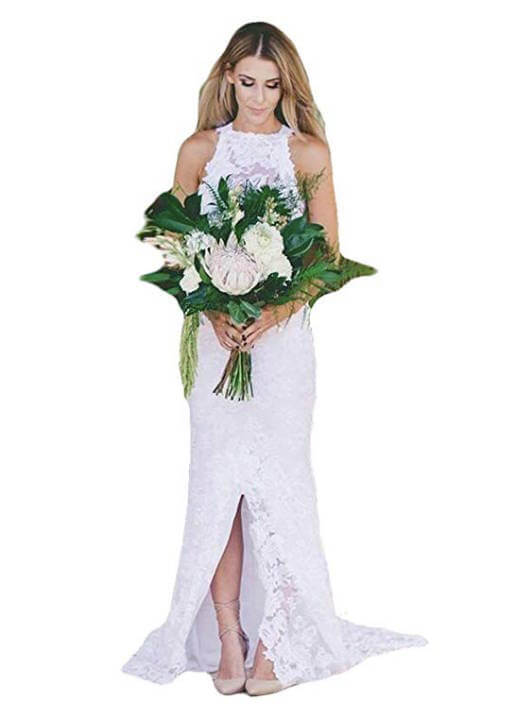 Sleeve Less Boho Wedding Dress with Front Slit